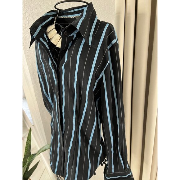 O Shirt Womens Black & Blue Striped Button-Up Shirt Size 14 By Cotton/Polyester - Picture 3 of 12